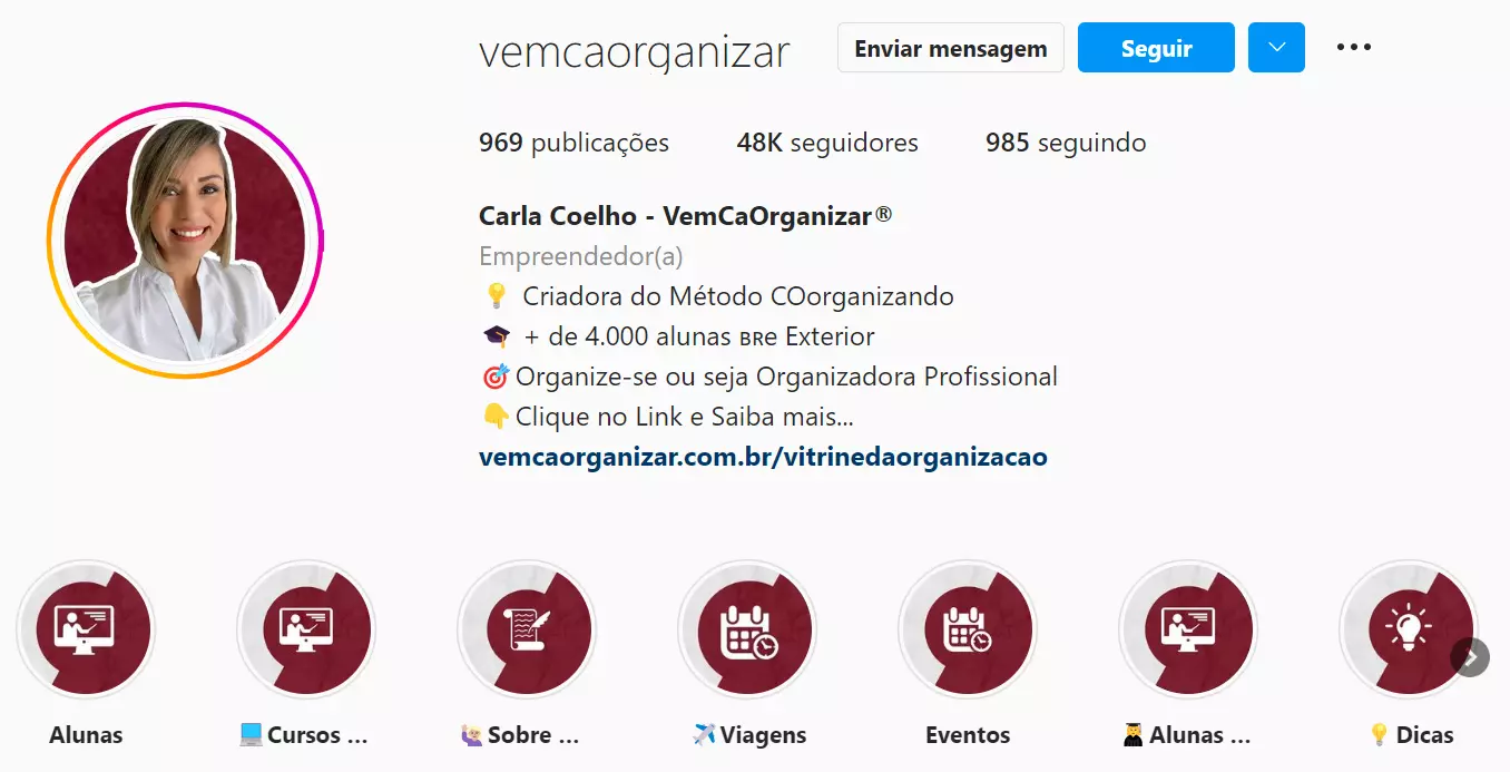 Instagram da Carla Coelho criadora do curso de Formação em Personal Organizer